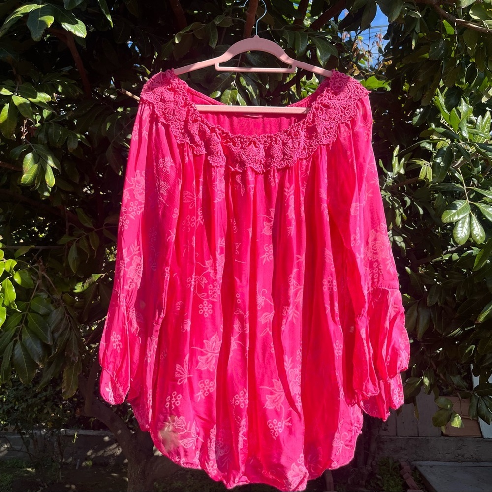 MEO MELI pink sheer floral embroidered lace trim off shoulder bell sleeve blouse